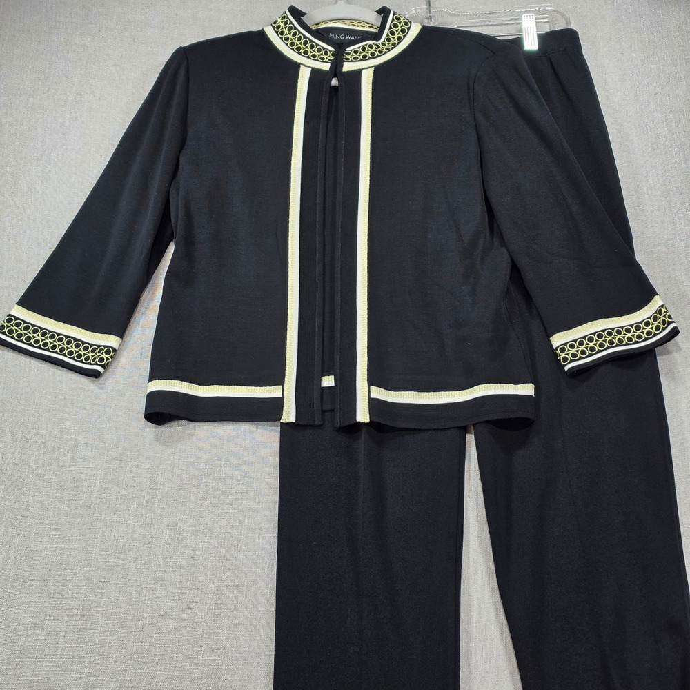 Ming Wang Pant Suit Women PS/S Black Excellent Knit Jacket Trousers 2pc Set
